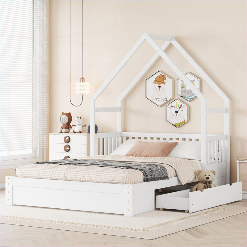 Queen Size Platform Bed House Style Solid Wood Construction Clean White with Guardrail and Two Underbed Storage Drawers