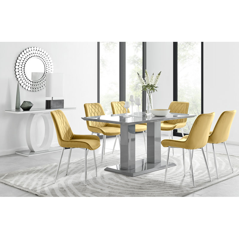 Edzard Double Pedestal High Gloss Dining Table Set with 6 Luxury Velvet Dining Chairs, Grey, Cream/Silver