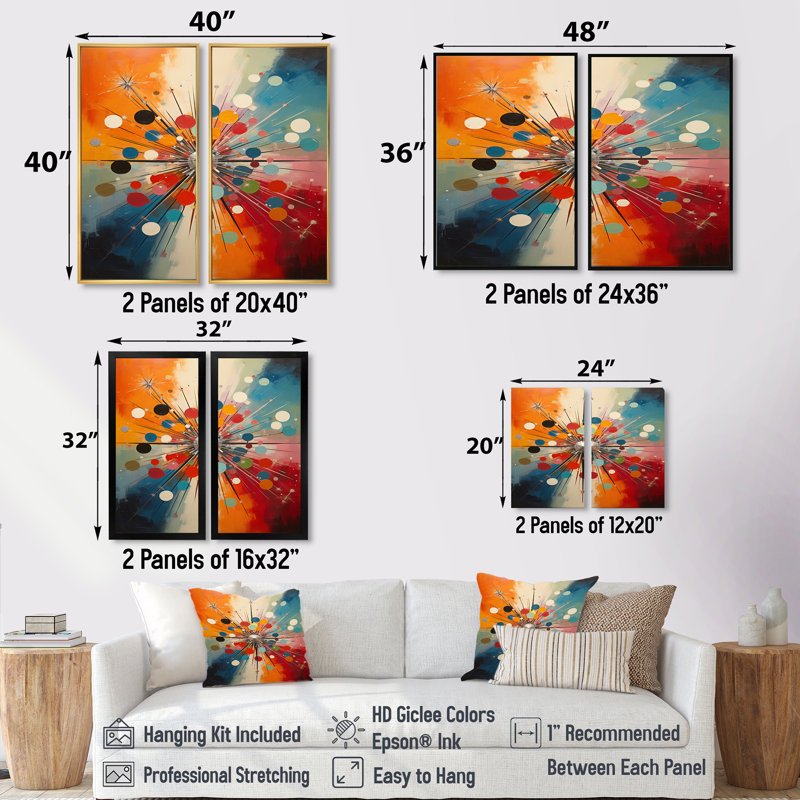«Colorful Mid Century Optical Serenade - Abstract Midcentury Wall Art Decor», reproduction sur toile abstraite rouge 2 pièces
