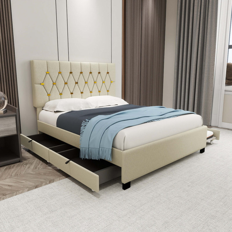 Modern Velvet Queen Bed With Twin Trundle And 2 Storage Drawers, Beige