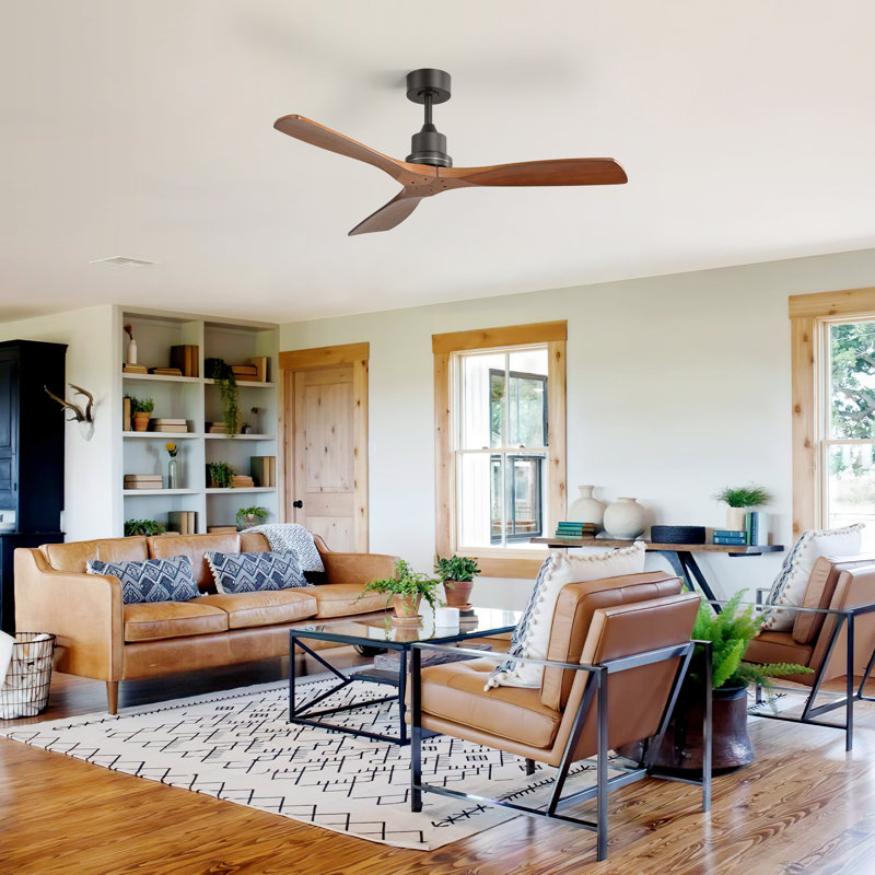 Ventilateur de plafond classique à 3 pales en bois massif 52 po avec télécommande et sans lumières Sofucor Kemp, noir et brun