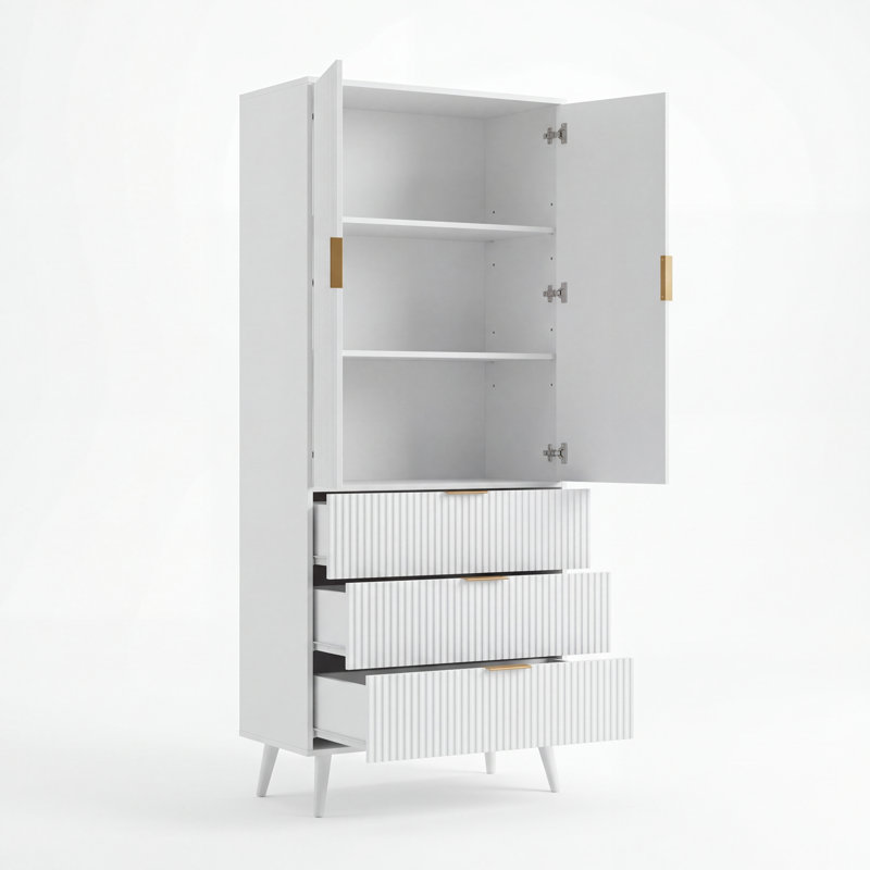 Tall fluted‑door storage cabinet with 3 drawers, adjustable shelves and tapered legs, freestanding wooden accent cabinet for living room, bedroom, entryway