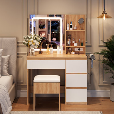  Vanity Desk with Mirror and Lights - Modern Makeup Dressing Table with Outlets, Storage Stool, 4 Drawers & Hair Dryer Holder - 3 Colors LED Vanity Mirror, Vanities for Bedroom