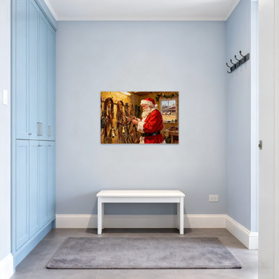 Christmas Santa Claus In Workshop With Reindeer Gear