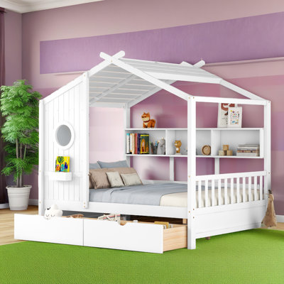 Kids Playhouse Bed with 2 Drawers and Storage Shelf by Harper Orchard