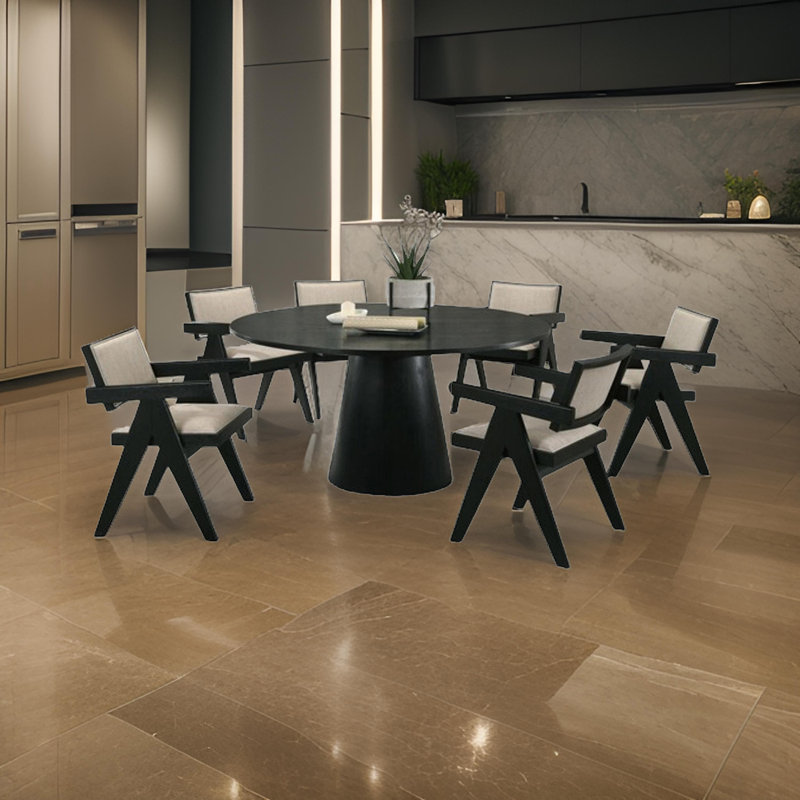 Ensemble de table de salle à manger ronde 7 pièces et 6 fauteuils Bili, dossier ouvert, beige, noir
