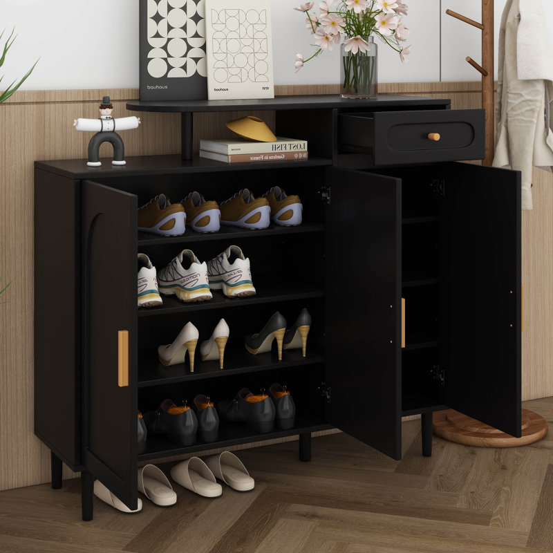 Shoe Cabinet With Arched Doors And Drawer, Storage Sideboard With Adjustable Shelves And Solid Wood Legs For Entryway, Black