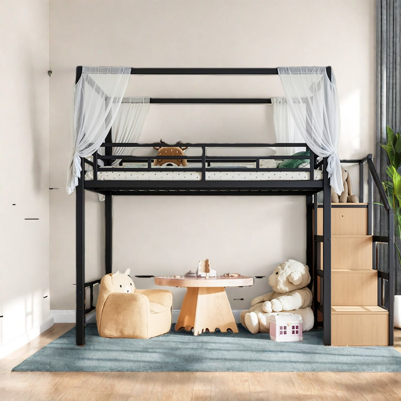Lit mezzanine double avec rangement, auvent moderne en MDF en métal pour les petites chambres à coucher