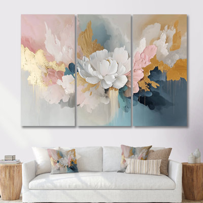 White Brushstroke Abstract Painting III - Peony Wall Art Living Room Set