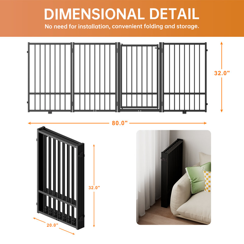 Black Metal Freestanding Dog Gate with Walk-Through Door