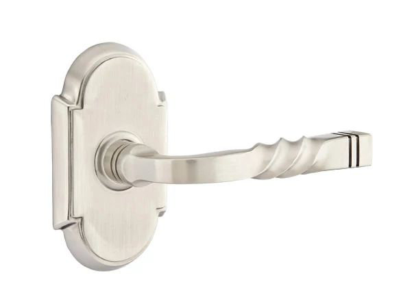 Mortaise intérieure Emtek Passage avec rosette # 8 et levier Santa Fe, Gauche, Nickel satiné