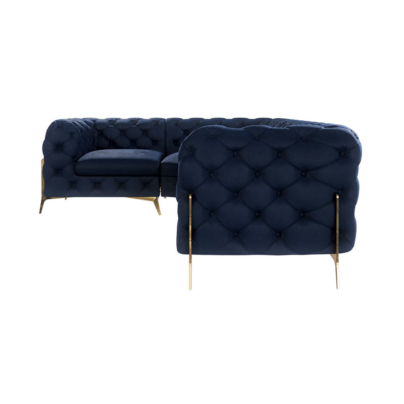 L-shape Corner Chesterfield Sofa  with Gold Metal Legs, Navy Blue, Right Hand Facing