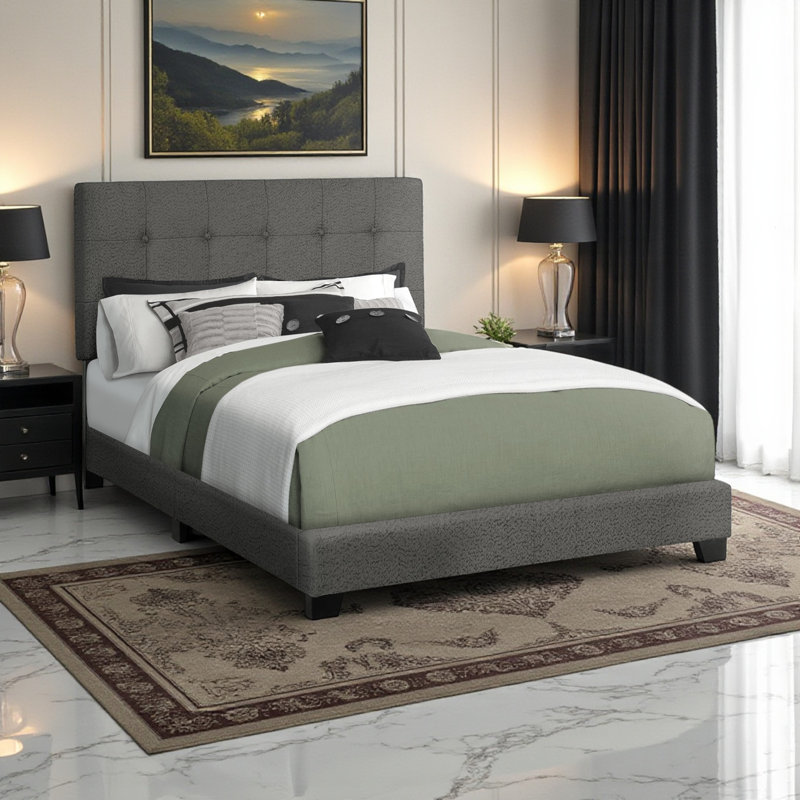 Lit tapissier double gris Lehana de H 45,56 po x l 57,72 po x L 80,06 po