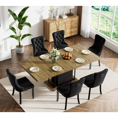 62.99" -78.74" Extendable Dining Table Set, Brown&Black Dining Room Table & Velvet Dining Chairs with Wood Leg, Rustic Kitchen Dining Table and Chairs Set, Modern Dining Table Set