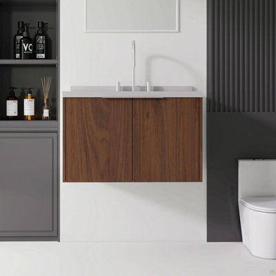 Meuble-lavabo flottant 30 po avec lavabo, porte à fermeture en douceur, comptoir et dosseret en granite blanc cultivé 2 po, contreplaqué, gris