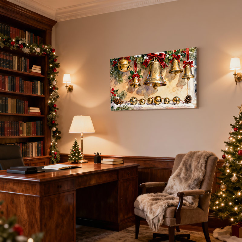 «Christmas Christmas Bells And Holly Garland», ensemble de 3 impressions sur toile, H 16 po x l 24 po