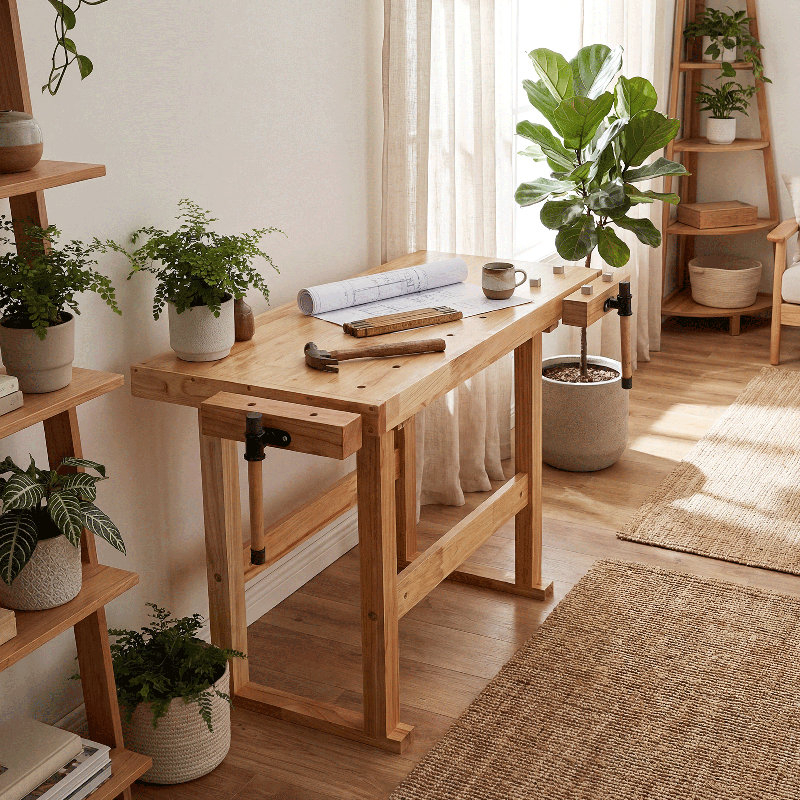 Table de travail 39 po en bois d'hévéa robuste avec poignée réglable pour atelier bricolage