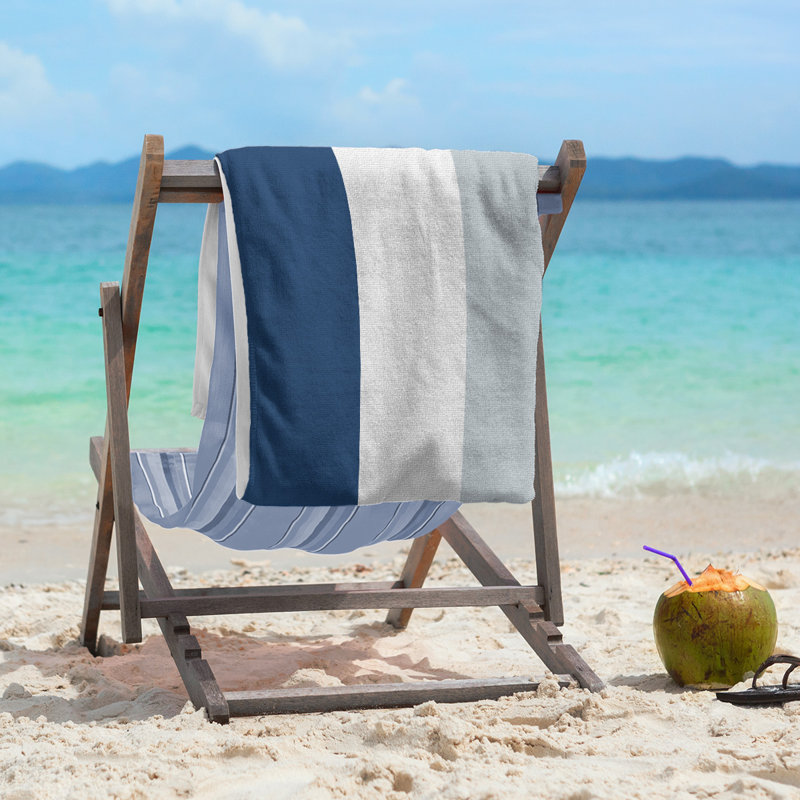 Cotton Blend Lightweight Beach Towel, Navy Blue/White/Silver