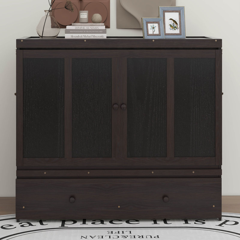 Wyncote Queen Size Murphy Bed, Solid Wood Murphy Bed Frame With USB Port And A Large Drawer, Espresso