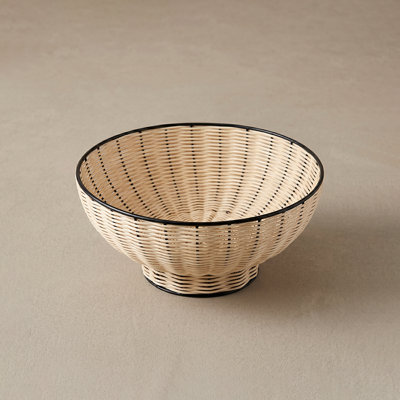 Large Round Rattan & Iron Pedestal Fruit Bowl – 12" Wicker Centerpiece Basket for Kitchen Counter, Dining Table & Entryway