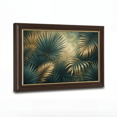 Art mural antique sur toile encadré doré pour le salon, la chambre à coucher, le bureau ou le vestibule - Décoration murale décorative avec feuilles tropicales