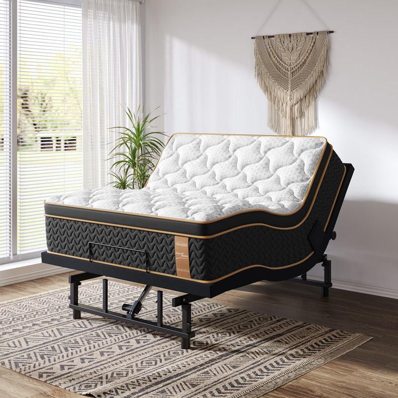 Lit réglable à 3 côtés avec matelas hybride 14 po et télécommande sans fil, zéro gravité, soulagement du ronflement, fermeté moyenne