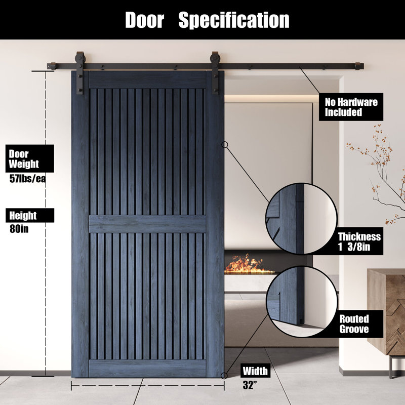 Porte de grange en bois de pin à rayures verticales Homacer, 32 po x 80 po