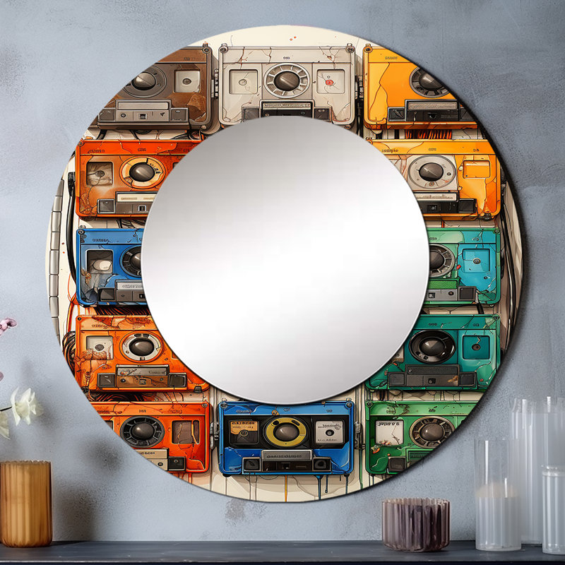 Schéma d'un dessin de cassettes I - miroir de cassettes, miroir mural décoratif rond moderne, impression d'art en métal