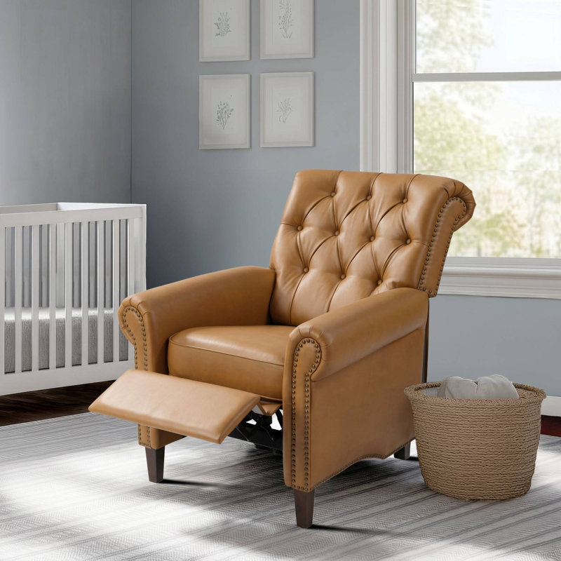 Fauteuil inclinable manuel en cuir l 32,25 po Bridin avec têtes de clous et pieds en bois massif, Brun