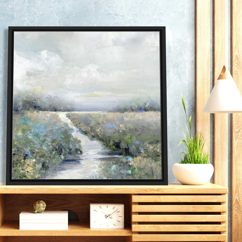 Péninsule par Sally Swatland - Peinture, L 21,5 po x H 21,5 po, Cadre noir