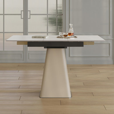 Table de salle à manger rétractable à dalle de roche pliante, table carrée extensible moderne avec base en acier inoxydable revêtue de cuir, table de cuisine à double usage pour les petits appartements