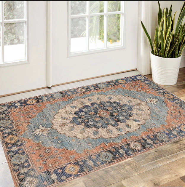 Tapis bleu tissé à la main Medallion, Carré 2 pi x 4 pi