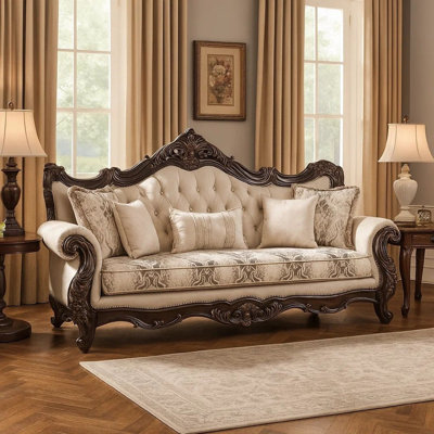 Canapé Puhi avec coussins décoratifs, tissu beige, bois sculpté orné, 95 pouces