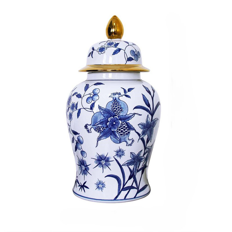 Noa Modern Blue and White Floral Ceramic Ginger Jar with Removable Lid