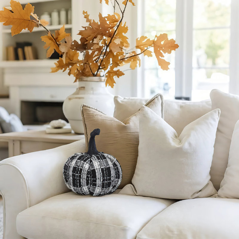 Tissu de citrouille à carreaux noir et blanc, décoration de citrouille en tissu pour Halloween et décor d'automne