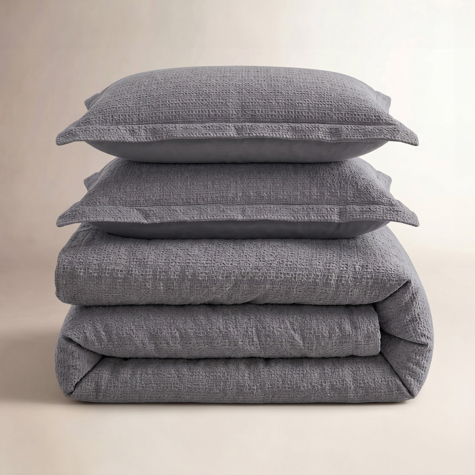 Waffle Cotton Duvet Cover Set, Full / Queen Duvet + 2 Shams, Denim Blue