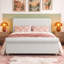 Base de lit tapissier grand format avec tête de lit haute et pied de lit roulé, cadre de lit plate-forme de lit-bateau avec pieds en bois massif et support de lattes, aucun sommier nécessaire, beige