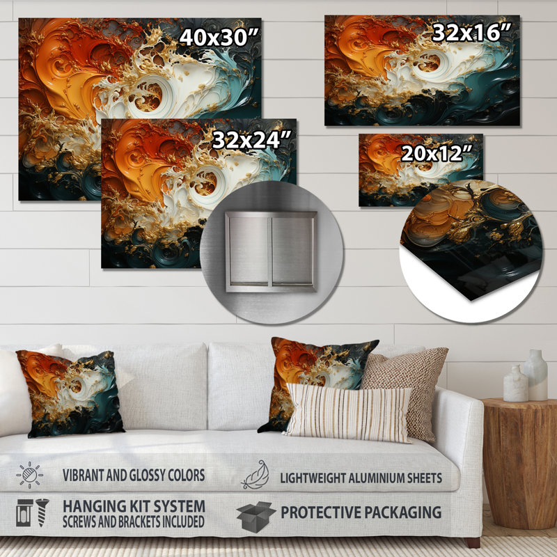 Orange orange et marbre émeraude lave VI - art mural abstrait en métal MT137171, H 16 po x l 32 po x P 1 po