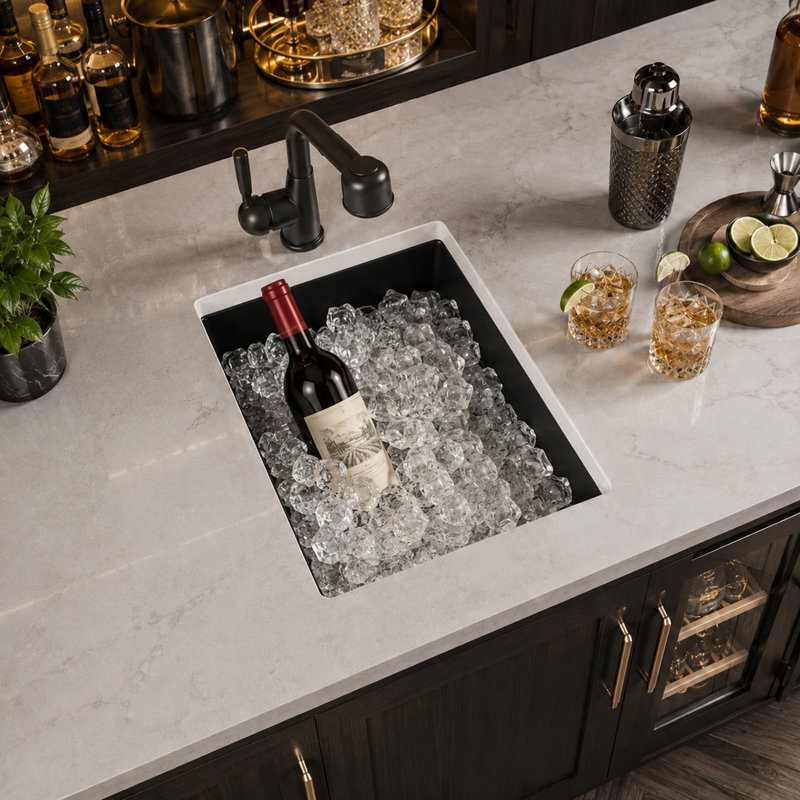 Évier de bar en composite de granite noir LQS 14 po x l 18 po avec grille d'évier et crépine, Noir
