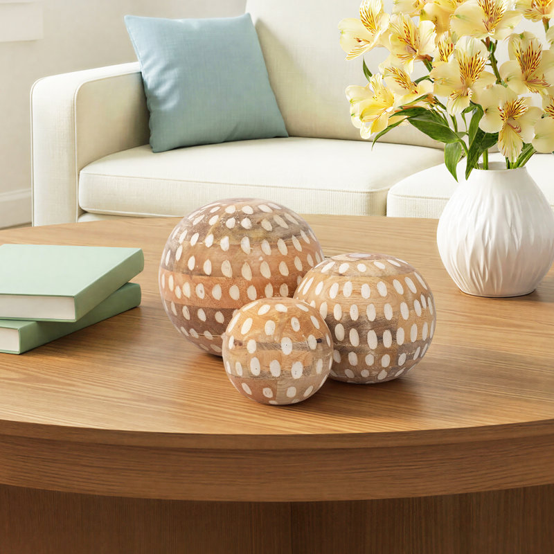 Set of 3 Decorative Orbs - Contemporary Rustic Brown Wooden Round Orb Decor - Home or Office Table Accent Decoration - Home Gift Idea