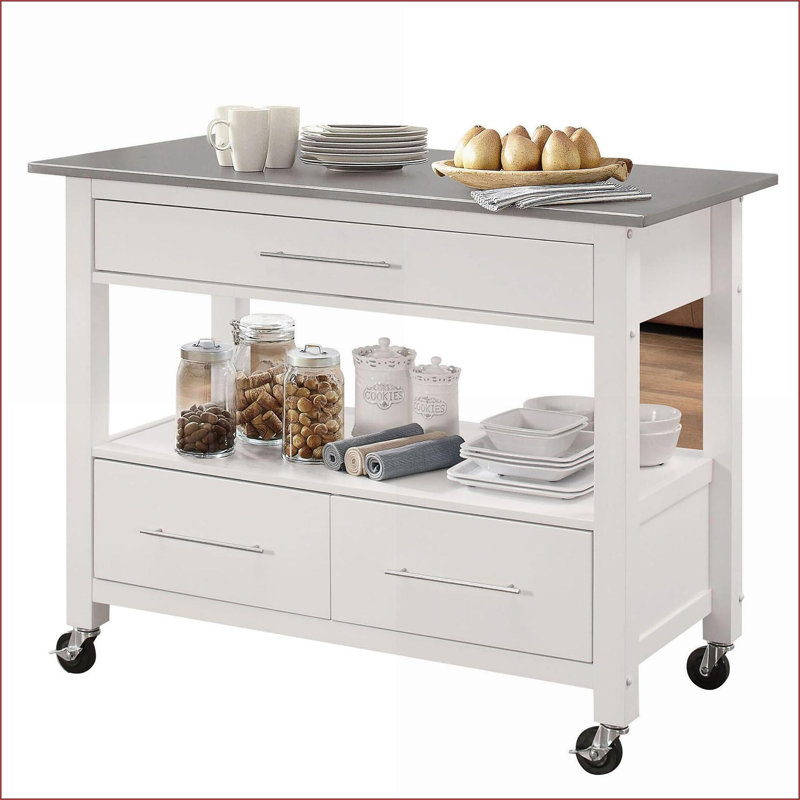 Chariots de cuisine avec roulettes verrouillables 3 tiroirs à plateau ouvert blanc cassé | Bois et métal | Moyen (40 à 55 po)