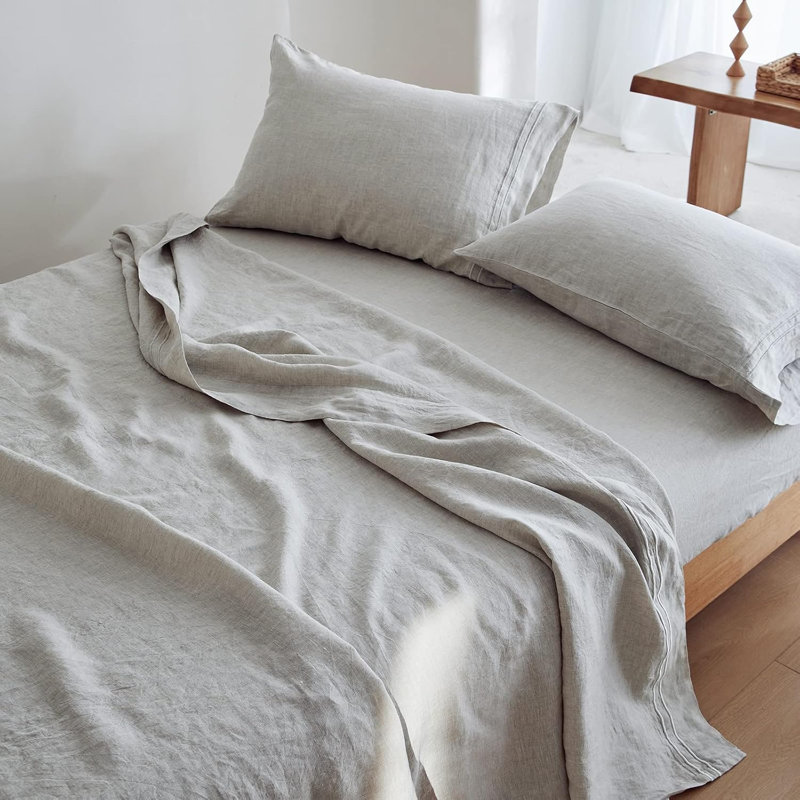 109% Linen Sheet Set, King Sheet Set with 2 Pillowcases, Embroidery Linen