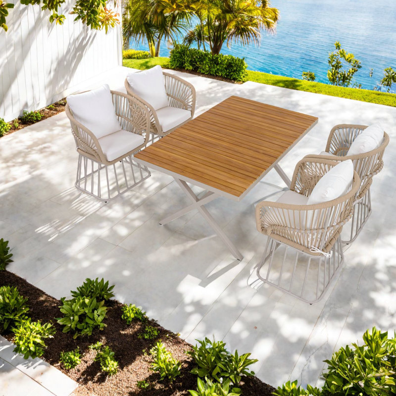 Patio Dining Sets, Teak Wood And Steel Modern 5 Piece Set For Garden