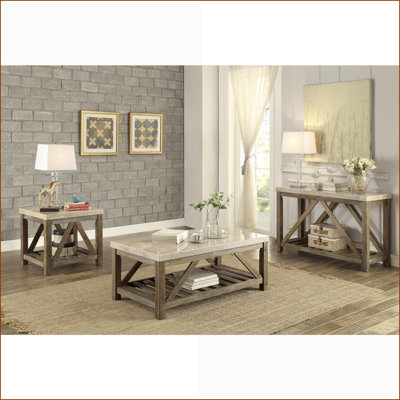 Table basse en marbre blanc crème pour le salon, base en bois patiné avec tablette à lattes et supports en angle