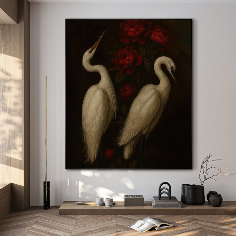 Très grande reproduction d'art sur tissu - Oiseau héron, œuvre d'art pour le salon ou la chambre à coucher, H 60 po x l 46 po