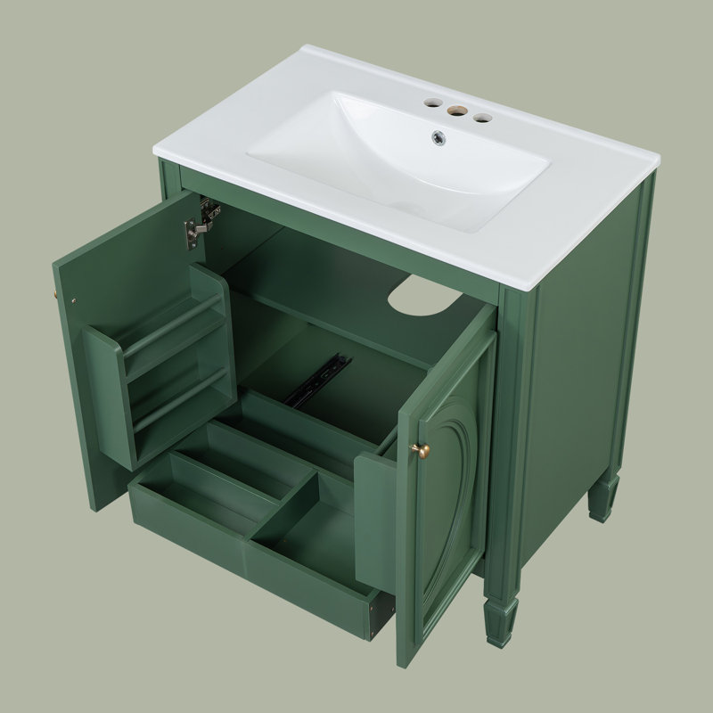 Armoire de meuble-lavabo 30 po avec lavabo en céramique, Vert, Doré