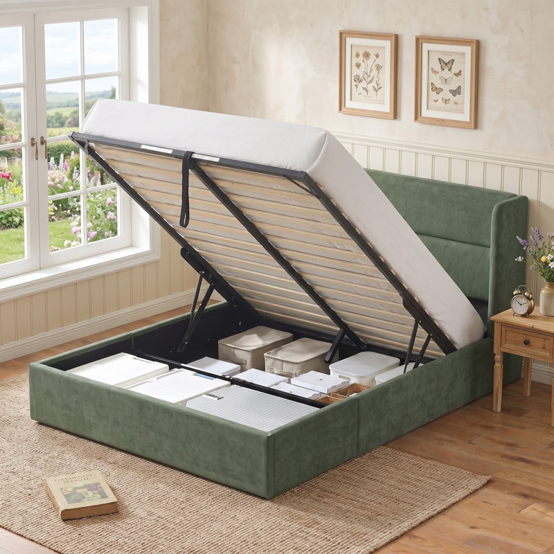 Lit plateforme tapissier avec rangement Gaillarde, Vert forêt, Grand