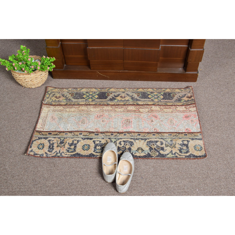 Vintage Turkish Door Mat with Muted Floral and Geometric Patterns for Bohemian Floor Decor