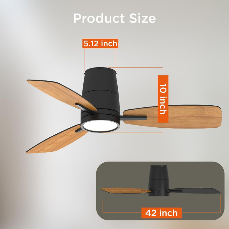 Emidia 42 inch Flush Mount Ceiling Fan with LED Light for Medium Rooms, 42" Wide, Black with Black/Walnut Blades