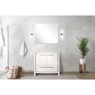 Meuble-lavabo blanc avec comptoir en quartz 36 po L x P 20 po et robinet en or rose - Tablette spacieuse pour meuble-lavabo de 36 po et 20 po avec rangement organisé